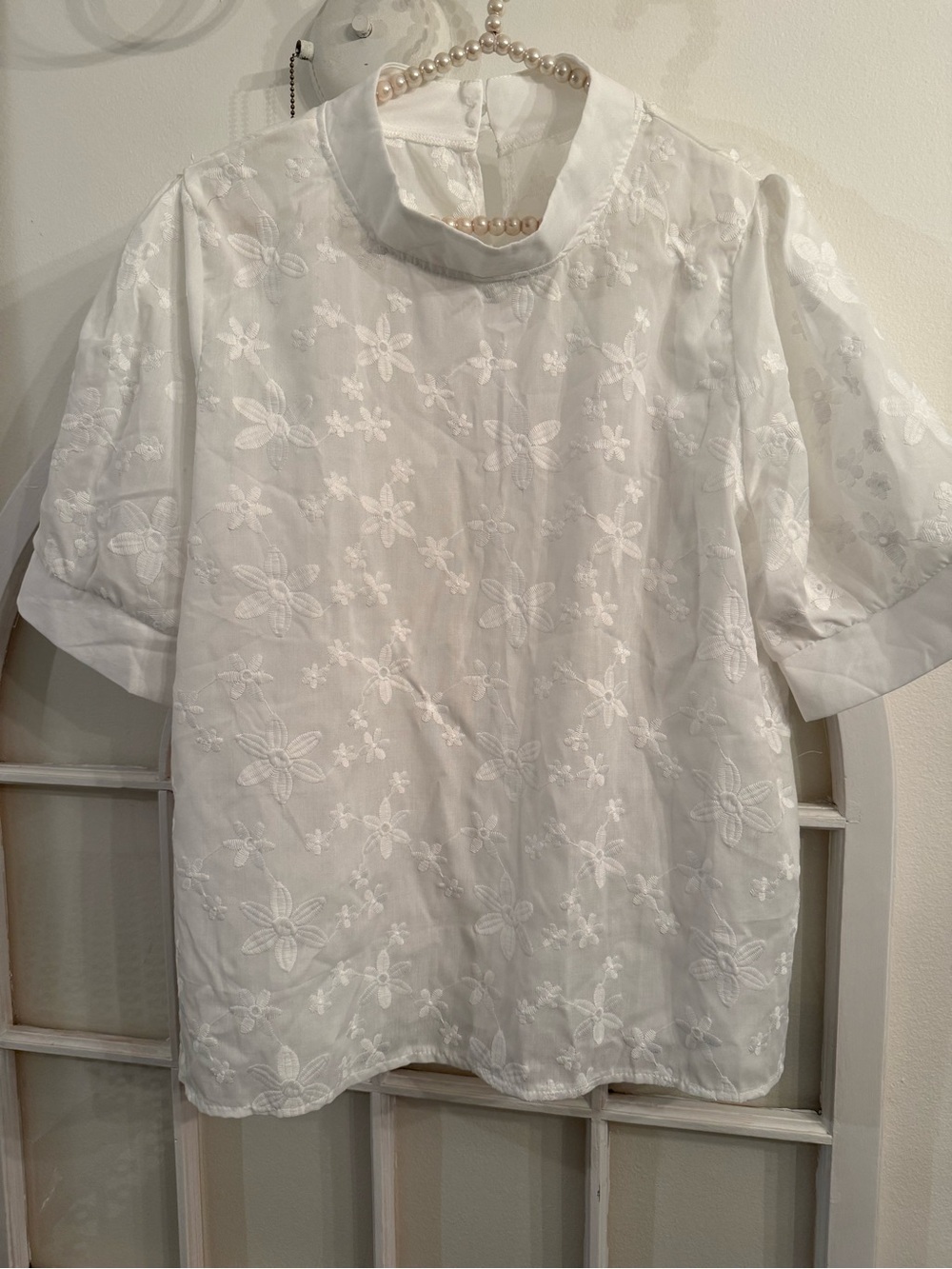 Whimsical daisy Embroidered boho chic Short Sleeve Top balloon sleeves sheer